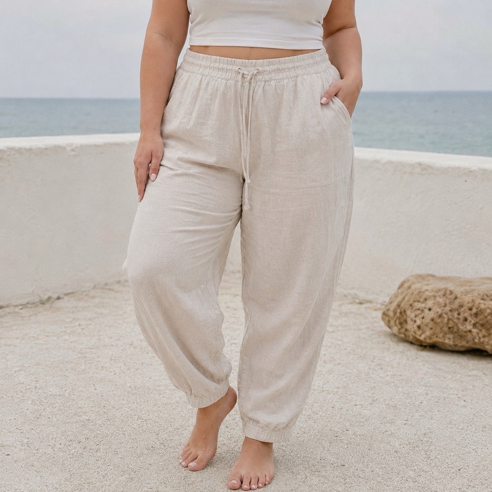 Company Ellen Tracy XXL Tan 100% Linen Jogger Pant Womens Neutral Beachy Coastal